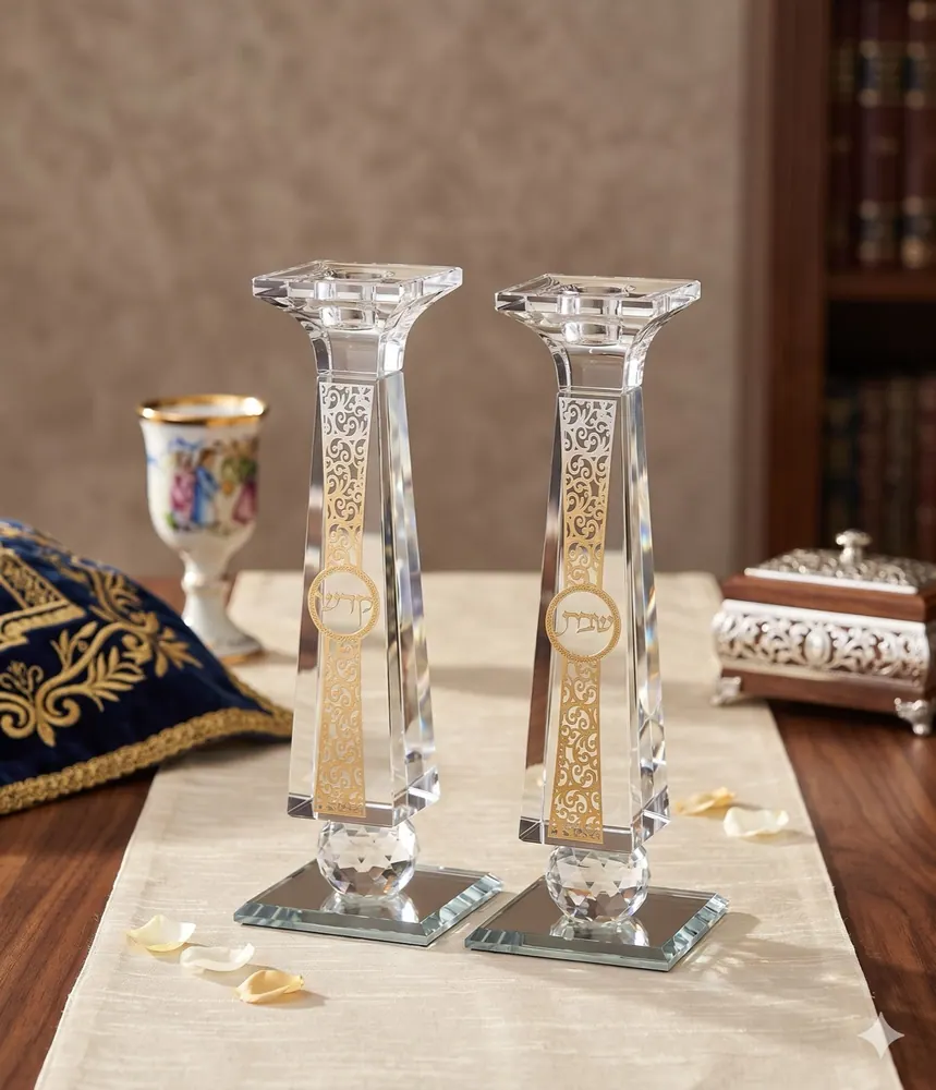 זוג פמוטי קריסטל עם פלקטה מוזהבת – 25 ס"מ